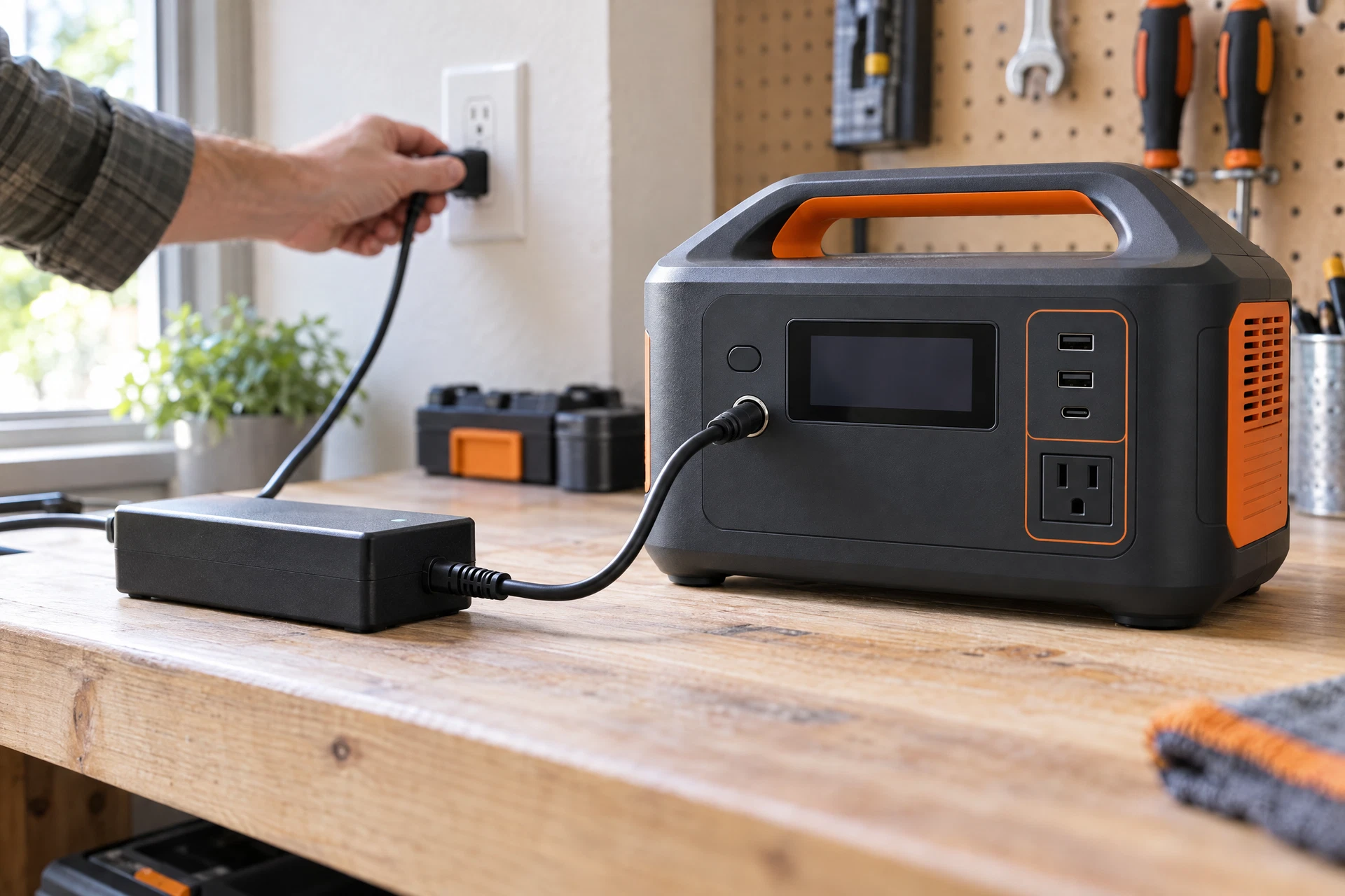 Portable power station displaying a warning while connected to charging and output cables